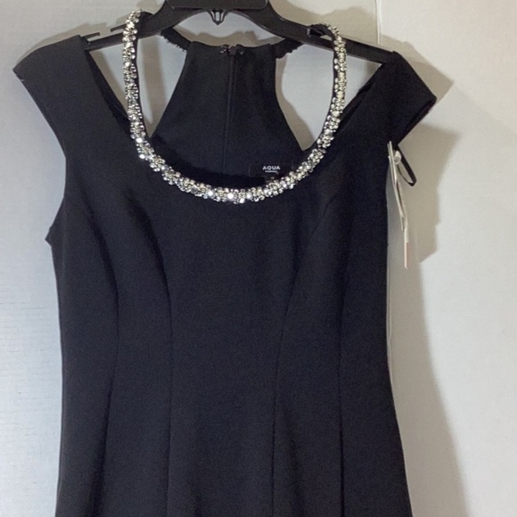 AQUA Embellished Neck Sheath Dress Women's 4 Black Cap Sleeve Zip Closure - Picture 5 of 10